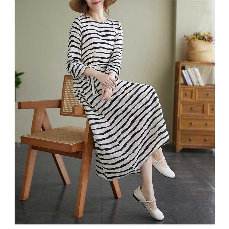 Vintage Literary Style Striped Printed Round Neck Long Sleeve Tie Dress
