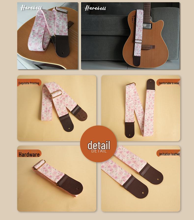 Retro Pink Peony Folk Guitar Strap - 5cm Wide & Comfortable