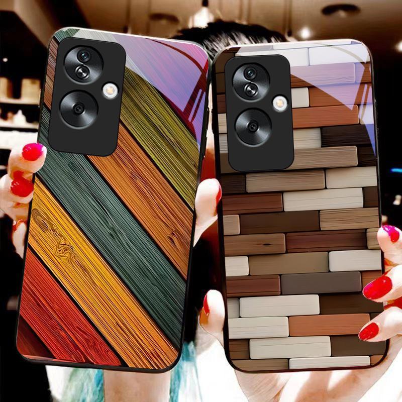 Colorful Wood Grain For Oppo A79 5G 58 78 74 60 4G Reno 11F Realme GT 6 11 Note 50 10 C55 X2 Tempered Glass Black Phone Case