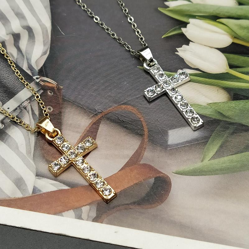 Golden Silver Color Necklace Jewelry Women Wedding Fashion Cross Crystal Zircon Stone Pendant Necklace Christmas Gift Wholesale