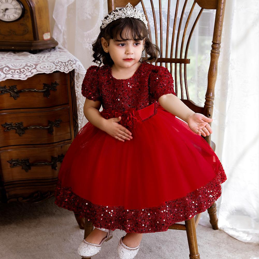 Kids Sequin Birthday Dress Summer Wedding Flower Girls Dress Toddler Baptism 1st Birthday Dress Baby Girl Clothes Princess Wedding Party Kids Costume