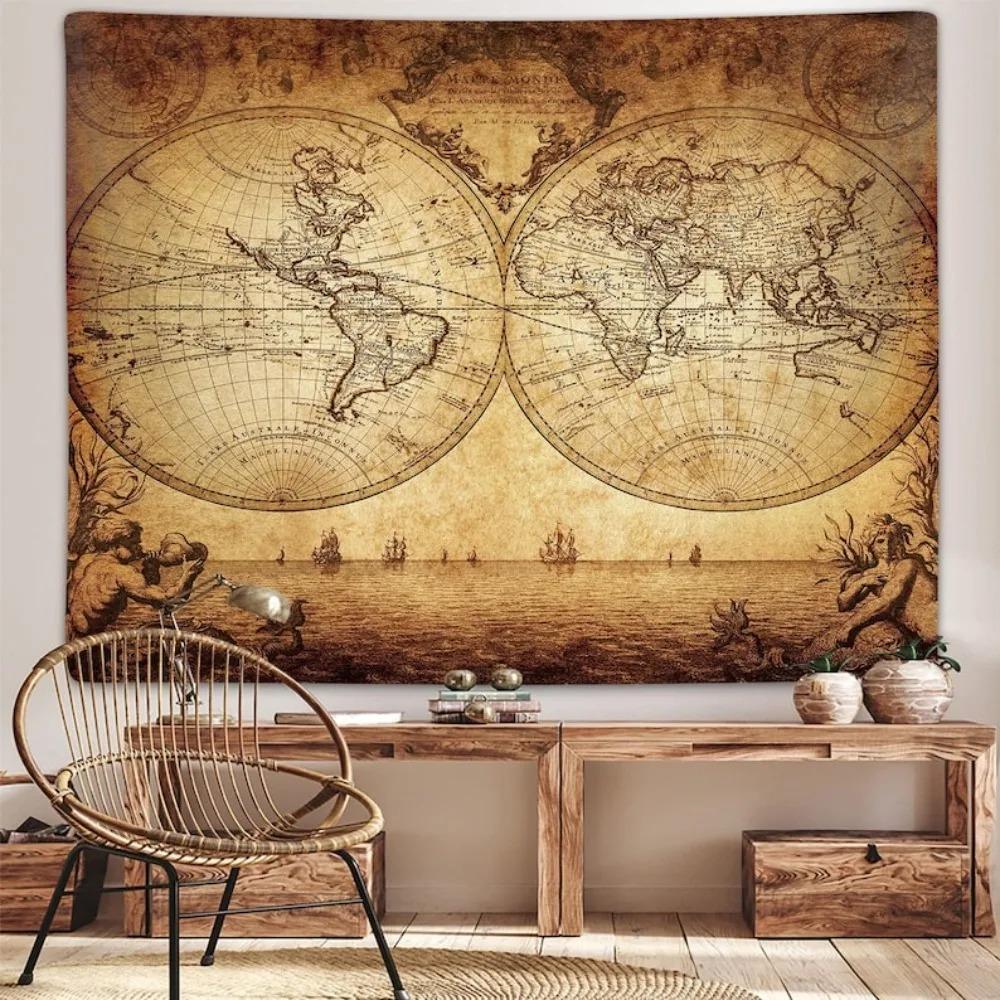 2D Flat Printing Vintage World Map Tapestry Retro Nautical Old World Hemisphere Print Wall Hanging for Living Room Study Home De