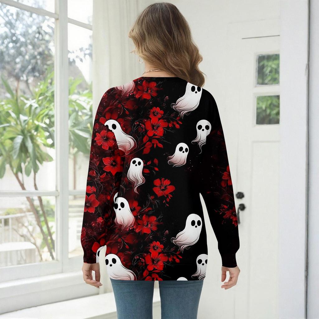 Women's Fashion Casual Long Sleeve Halloween Printed Neck Sweatshirt Top