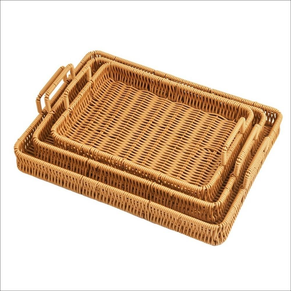 Retro Style Woven Serving Basket Woven Handheld Plastic Rattan Storage Tray  Kitchen Storage