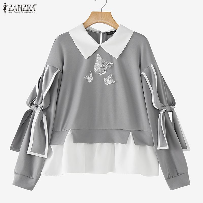 ZANZEA Damska bluzka na co dzień z kołnierzykiem i długim rękawem