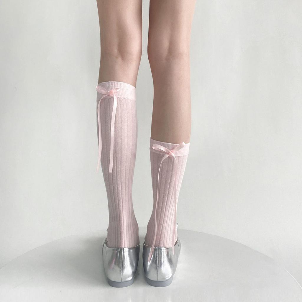 Solid Color Middle Tube Cotton Socks Women Cute Ribbon Bowknot Back Calf Socks