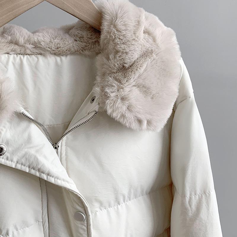 Women Autumn Winter Imitation Rabbit Hair Slim Cotton Coat Lapel Neck Solid Color Drawstring Padded Jacket