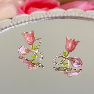 Pink Color CZ Crystal Tulip Flowers Stud Earrings for Women Simple Korean Design Ear Jewelry Friend Christmas Gift