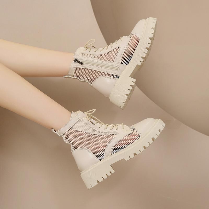 2025 Summer New Round Head Mesh Breathable Lace Up Back Zipper Versatile Cool Boots Thick Sole Comfortable Single Shoe Women