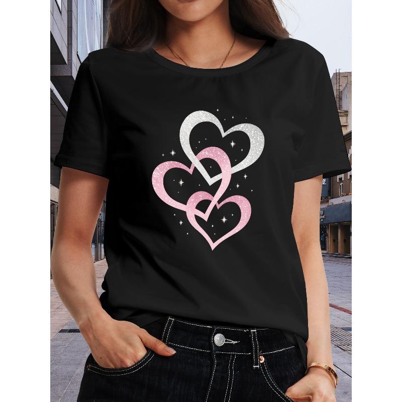 European Size Women'S "Pink Heart Heart-to-Heart" Printed Short-sleeved T-shirt | Moderate Elasticity, 2026 New Style, Casual Crew Neck