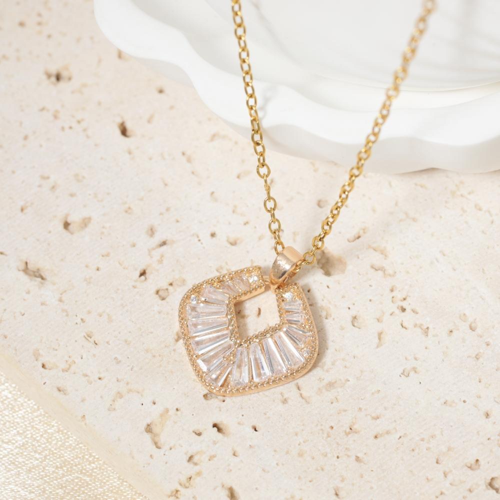 Hollow Square Zirconia Pendant Necklace, Golden Tone Elegant Jewelry for Women