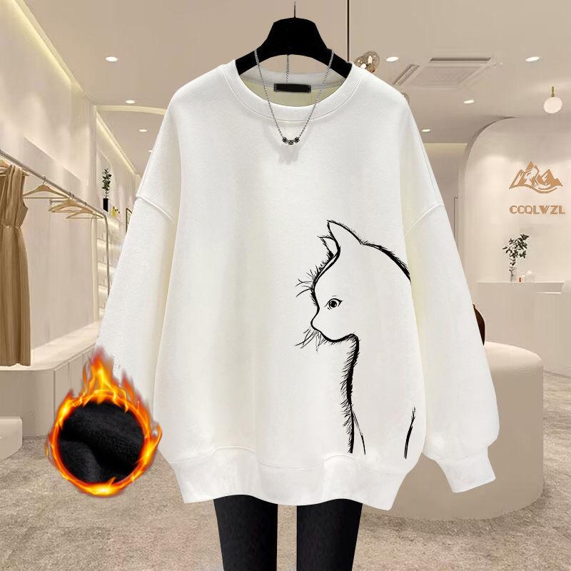 Autumn Winter Casual Printing Vintage O-neck Loose Sweatshirts Women Clothes Solid Color Long Sleeve Pullover Top