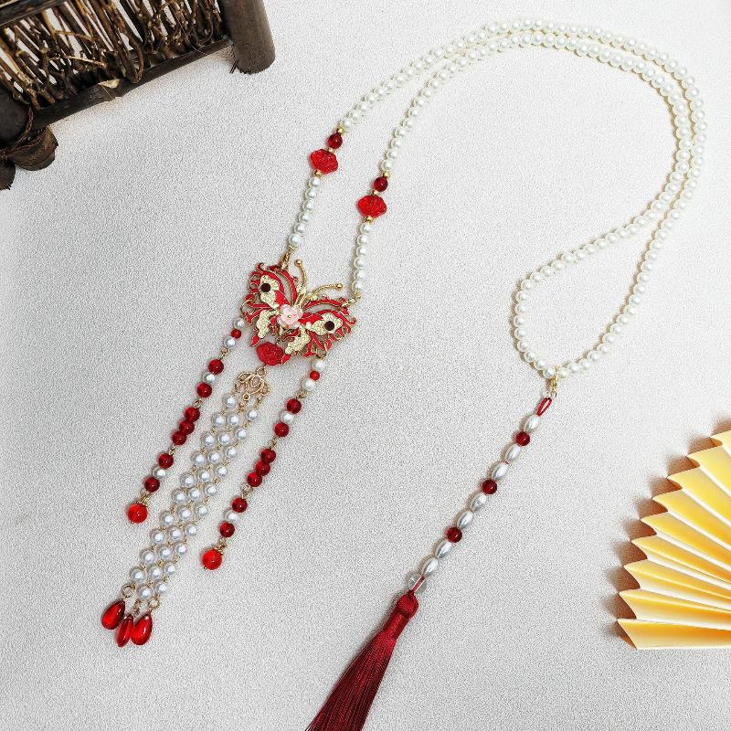 {Summer2} Hanfu Tassels Necklace Long Chain Vintage Chinese Necklace Tang Ming Dynasty Hanfu Pendant Necklace For Women Girl