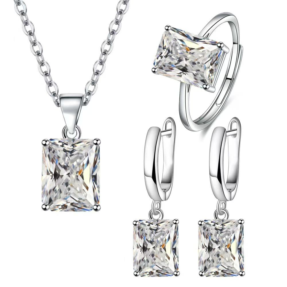 2026 Colored Zircon Square Inlaid Three-piece Pendant Fashion Earrings, Princess Square Ring Necklace 45CM