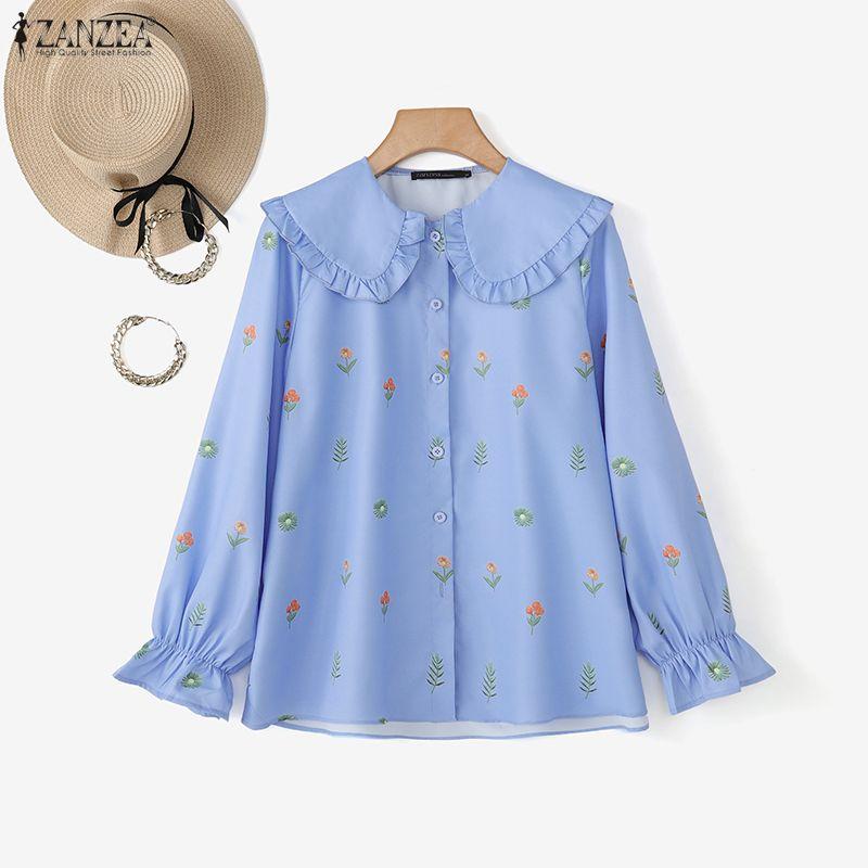 ZANZEA Damen Lässig Puppenkragen Locker Langarm Geblümte Bluse