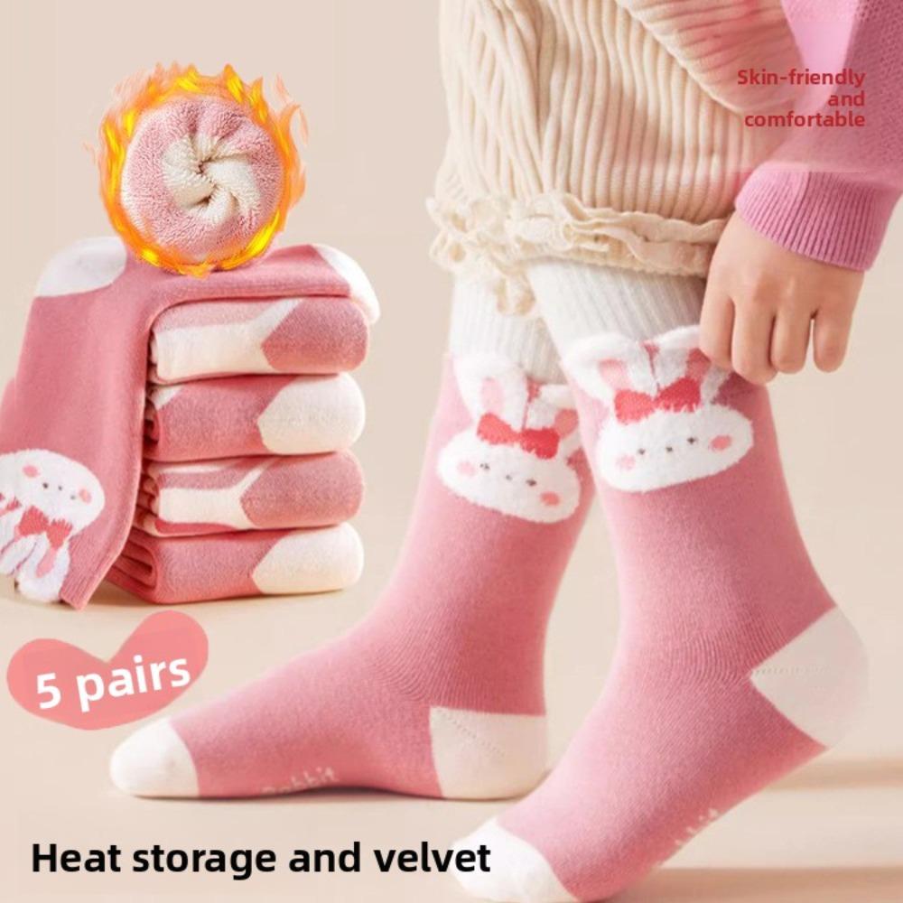 5pairs/1 Set Girls Cute Cartoon Mid Calf Socks Korean Princess Style Kids Versatile Winter
