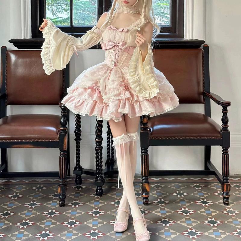 Women's Spaghetti Strap Sleeveless Mini Dress Slim Fit Mid Waist Sweet Lolita Lace Ruffle Bow Party Dress