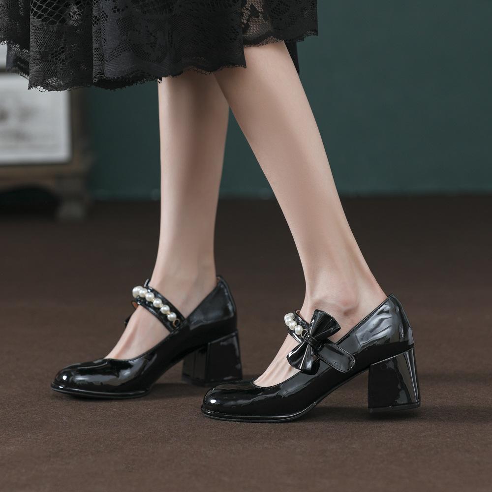 Nowe patentowe perłowe buty Mary Jane z kokardką, na lekki obcas, damskie, grubszy obcas, wysoki obcas, nie męczące stóp, buty na toast, buty zaręczynowe