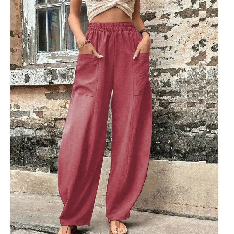 Casual Solid Color Elastic Waist Straight Pants With Pockets For Women Summer  Fashion Loose Ladies Trousers Pantalon