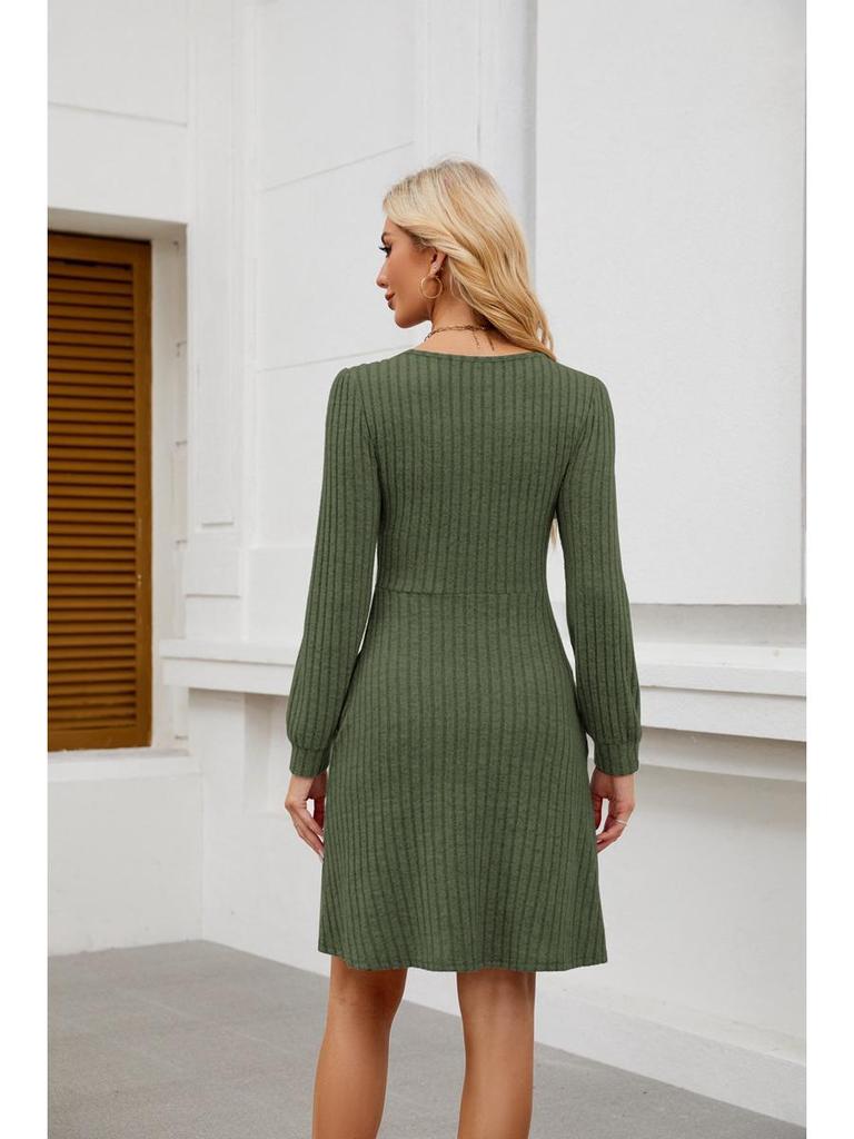 2025 Women's Square Neck Pocket Knit Sweater Dress - Long Sleeve Casual Fashion