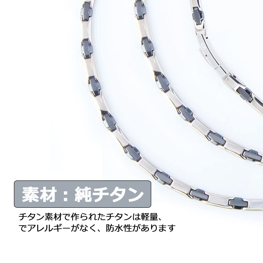 Hachi Pure Titanium Necklace with 6 Gems, 25 Gems of Germanium, and Hematite, Premium Ceramic, Men's Necklace, Anti-Static, 55.5cm (Black)