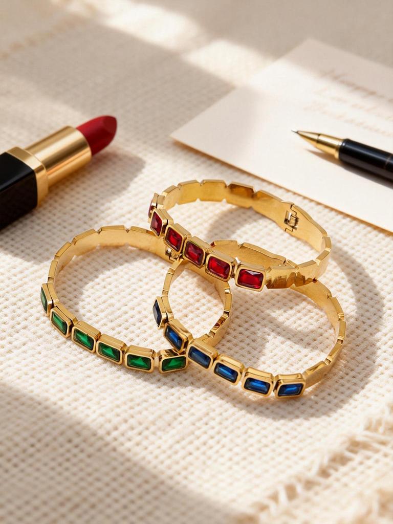 18K Gold Plated Stainless Steel Bracelet with Square Colored Glass Stones In Trendy European and American Niche Design - Fade Resistant.
