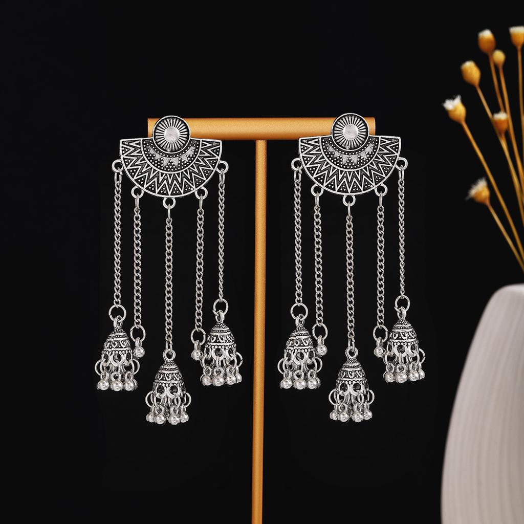 Ethnic Style Vacation Style Geometric Round Personalized Earrings, Retro Alloy Long Fringed Bell Pendant Ears