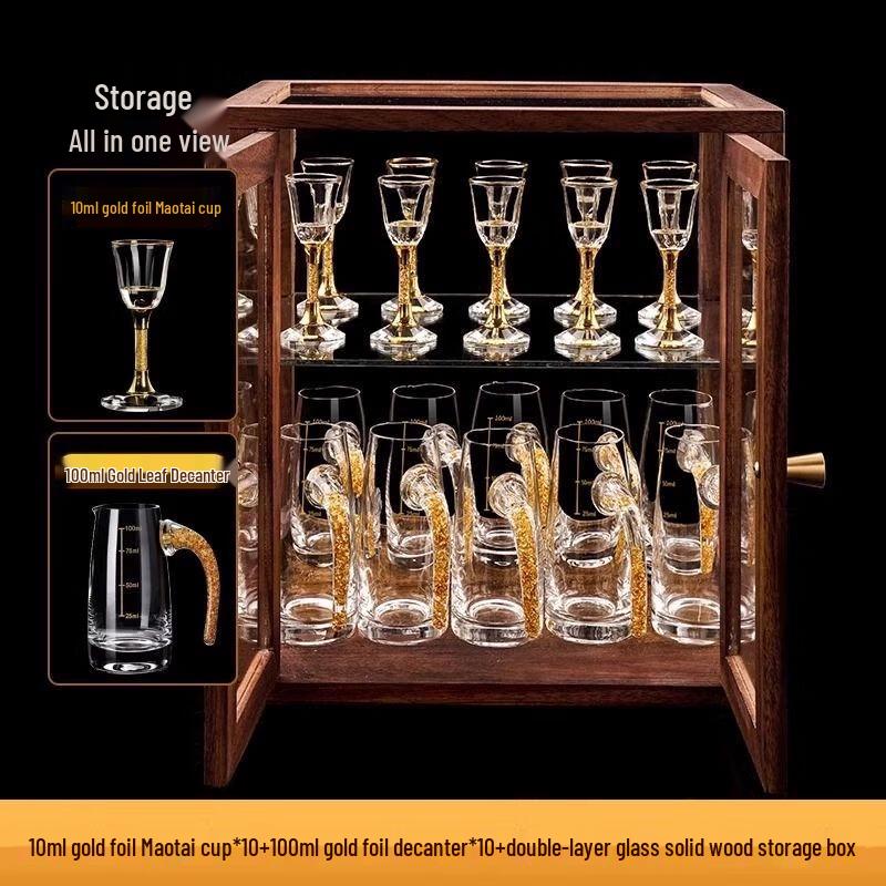 TXRMDX Luxury Gold Foil Baijiu Glass Set with Decanter & Walnut Display Box