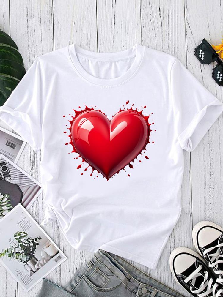 (Asian Size) Women's Clothing T watercolor cute love Graphic Female Top O-neck Tee Fashion Print Casual Short Sleeve T-shirts