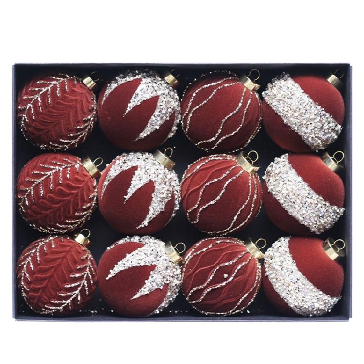 12pcs Elegant Holiday Display Ornament Traditional Flocking Christmas Sphere Ornament Festival Tree Decorations