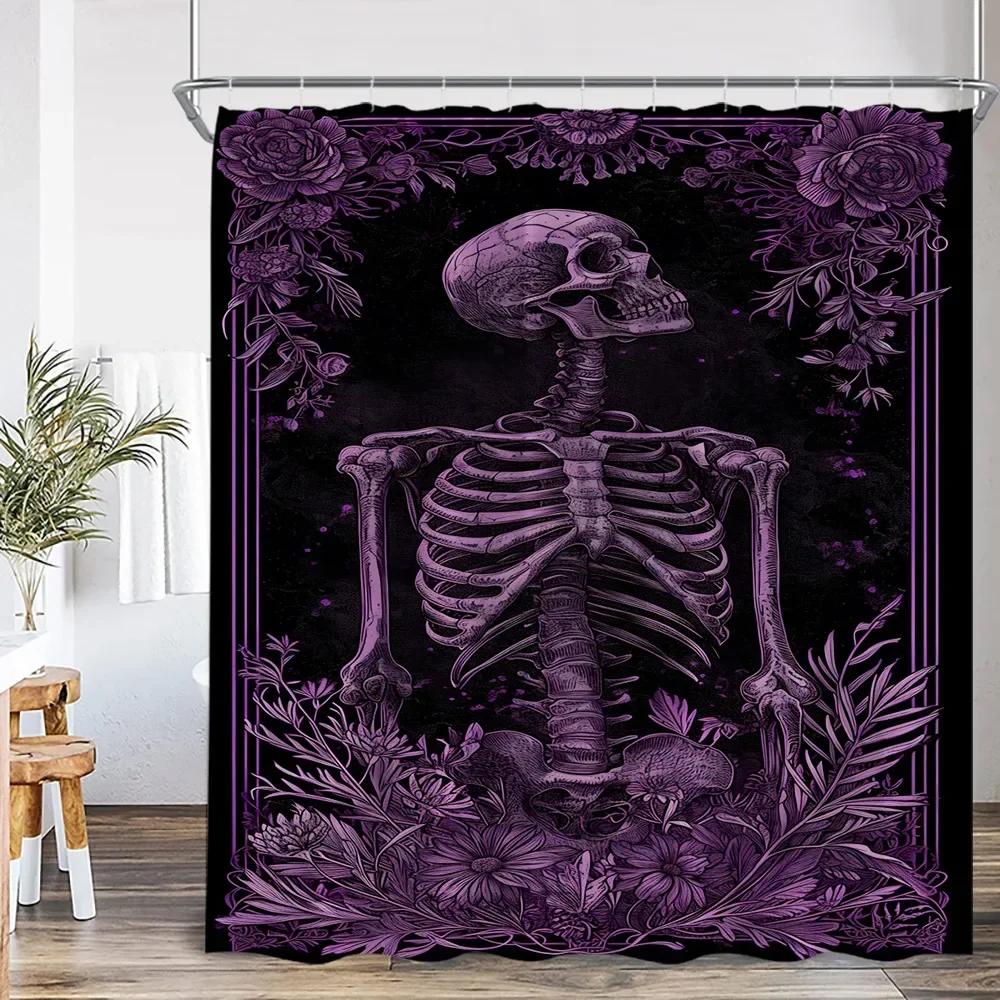 Funny Floral Skull Shower Curtain Bathroom Decoration Happy Halloween Polyester Shower Curtain with Hook