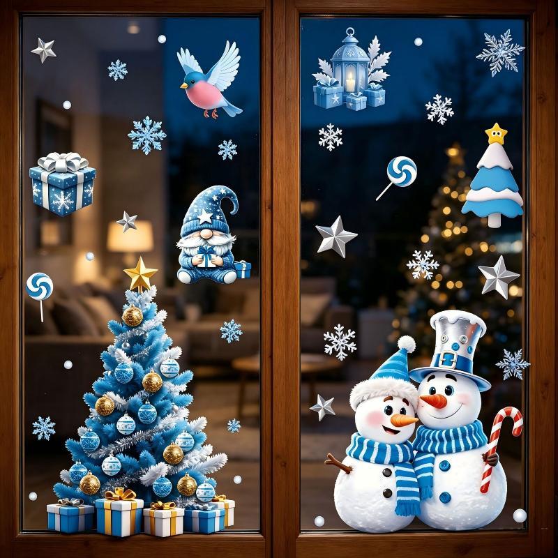 Christmas Decorative Glass Sticker Snowflake Snowman Blue Crystal Ball Theme Non-residue Window Decal for Xmas Party Home