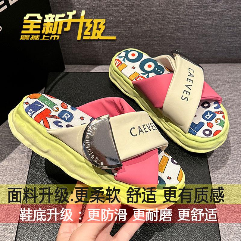 

Muffin thick bottom one-word drag casual stepping on shit feeling cool slippers women summer wear 2025 new Internet celebrity graffiti slippers 35