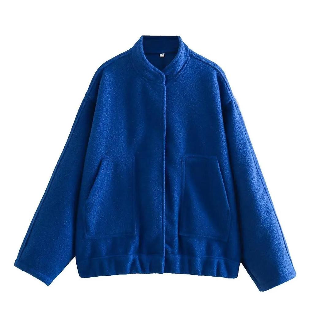 Woman's Oversized Bomber Jacket Autumn Round Neck Long Sleeve Pocket Hidden Button Loose Jackets Coat Female Outerwear