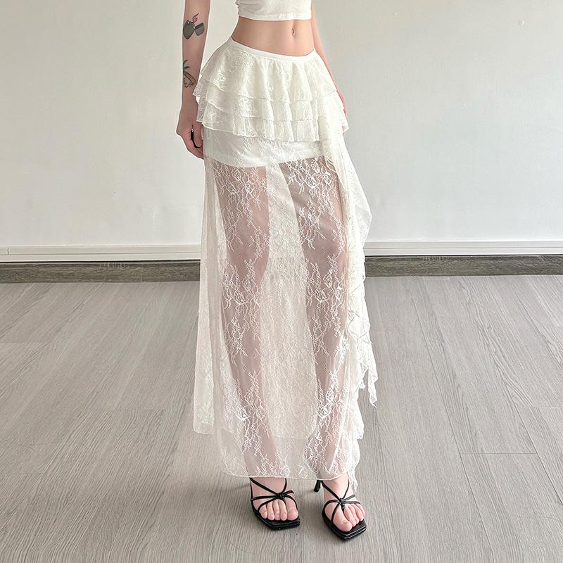 2025 Women's White Ruffled Lace Half Skirt, Holiday Style, Sexy & Slightly Sheer, Irregular Design