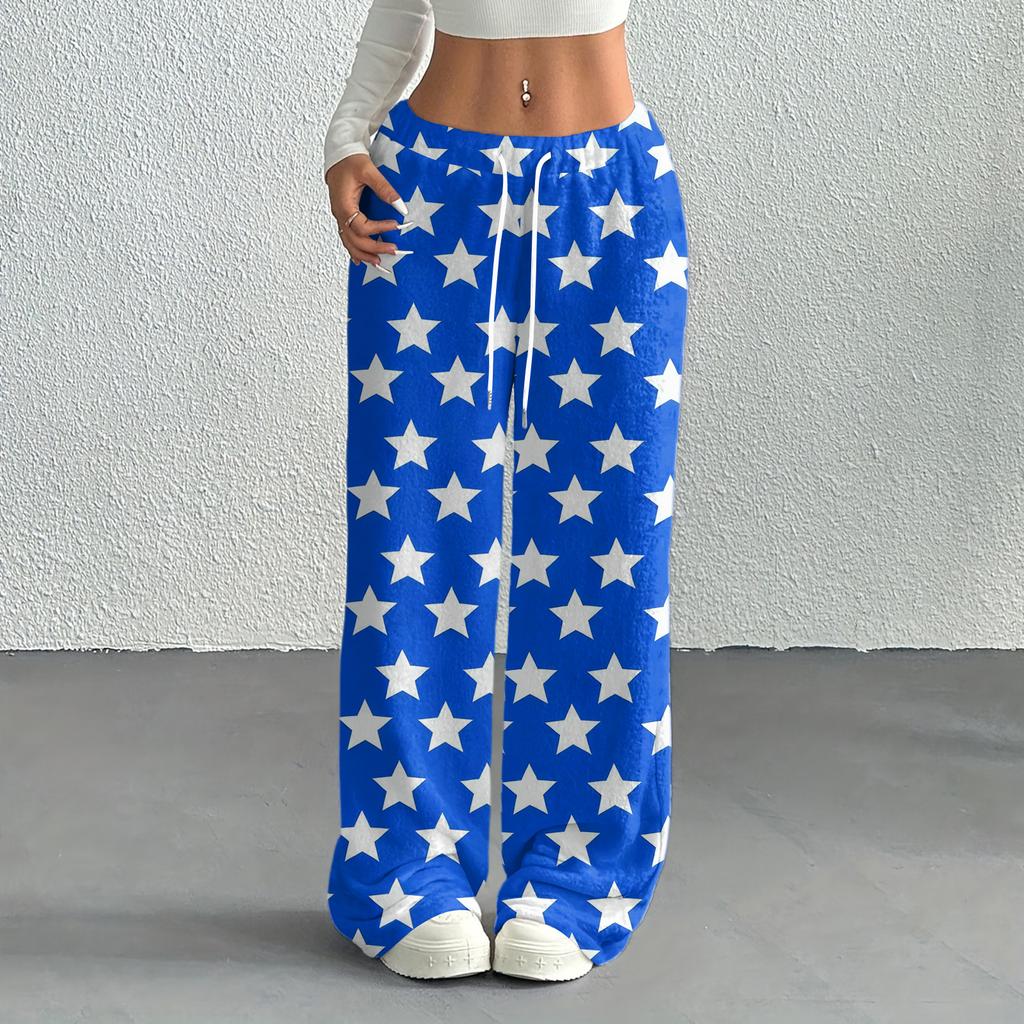 Women's Casual Fashion Printed Elastic Waist Loose Straight Leg Pants With Rope