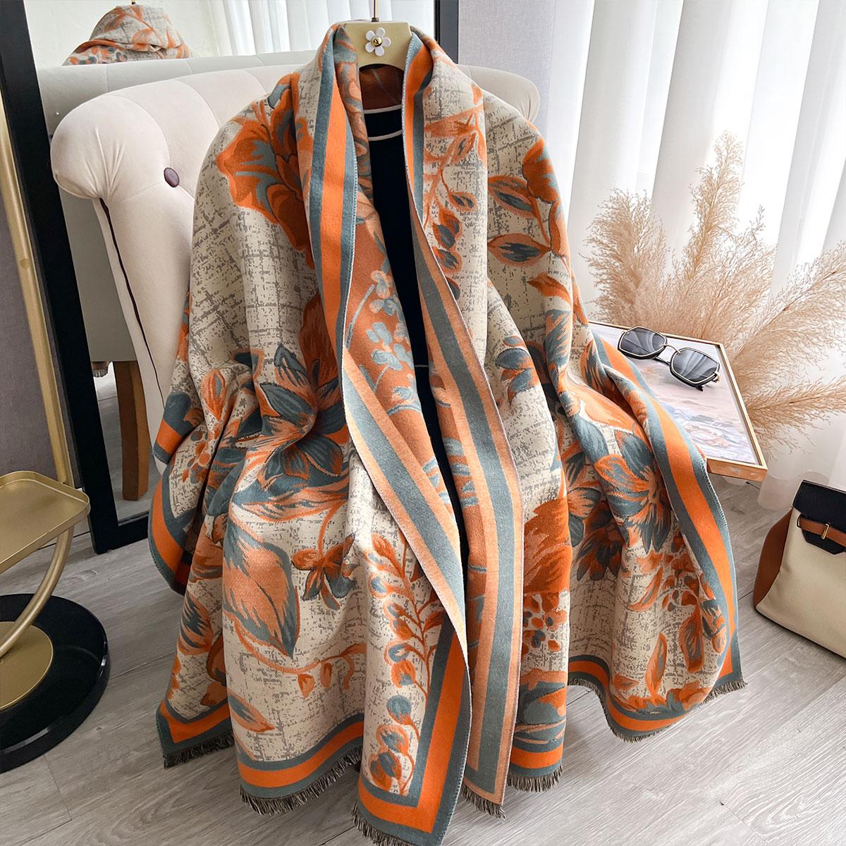 

Flower Pattern Jacquard Pashmina Imitation Cashmere Scarf Winter Thick Warmth Two-Sided Shawl Cold & Wind Proof Blanket Scarf
