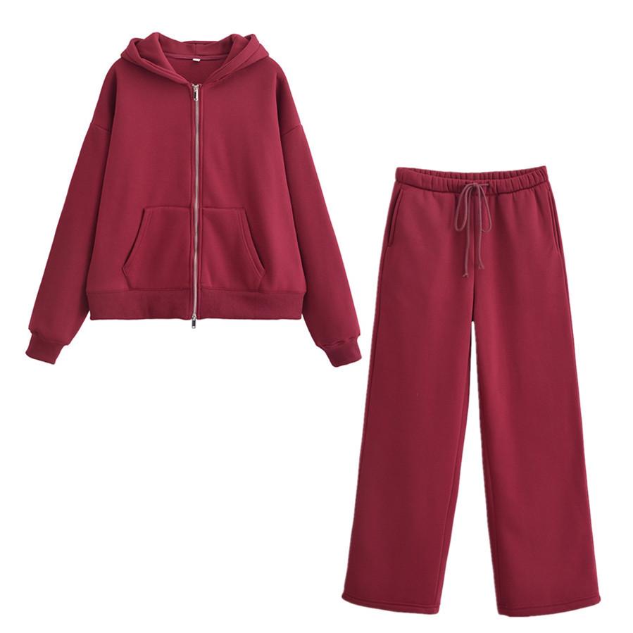 2025 Spring Women's Casual Zipper Sweatshirt Jacket & Flannel Straight-Leg Pants Set