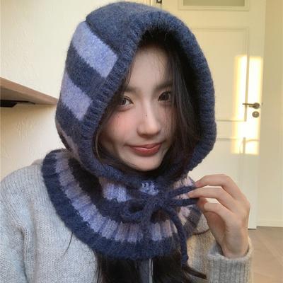 Gestreifte Sturmhaube Damen Herbst und Winter kalt und warm Schal integrierte gestrickte Wollmütze großer Kopfumfang vielseitig