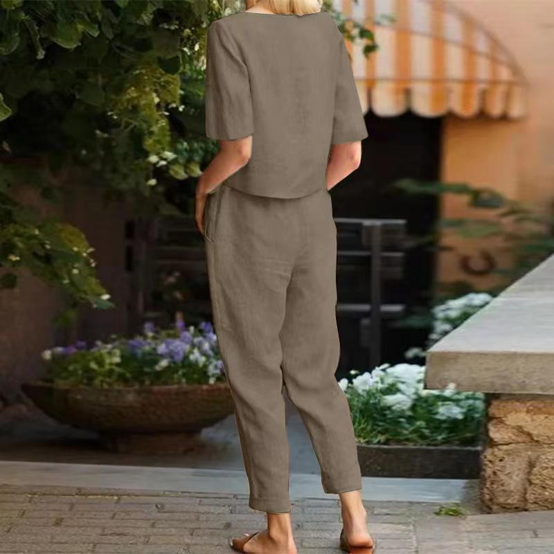 Women's Cotton-Linen Summer Set: Half-Sleeve O-Neck Cardigan & Wide-Leg Pants Retro Two-Piece