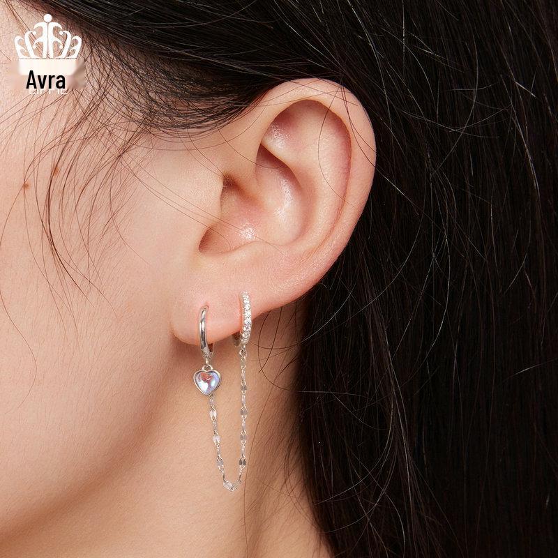 Avle Sterling Silver S925 Heart-Shaped Moonstone Chain Double Ear Cuff Earrings BSE809