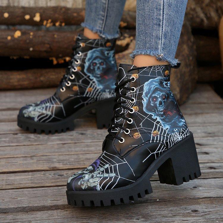 Large size totem European and American style lace-up fashion boots autumn and winter new square heel round head height-increasing women's boots