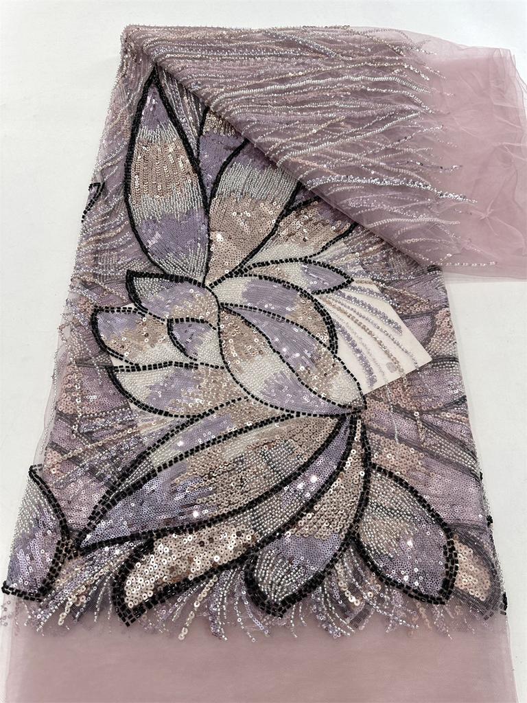 Latest African Beaded Lace Net Fabric 3 Yards 2025 High Quality Nigerian Wedding Material Luxury Sequins Beads Fabric for Sewing