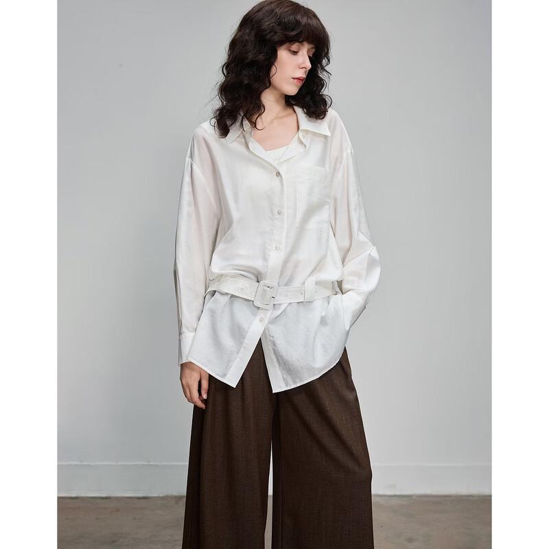 Women s Linen Blend Lapel Shirt with Belted Waist L