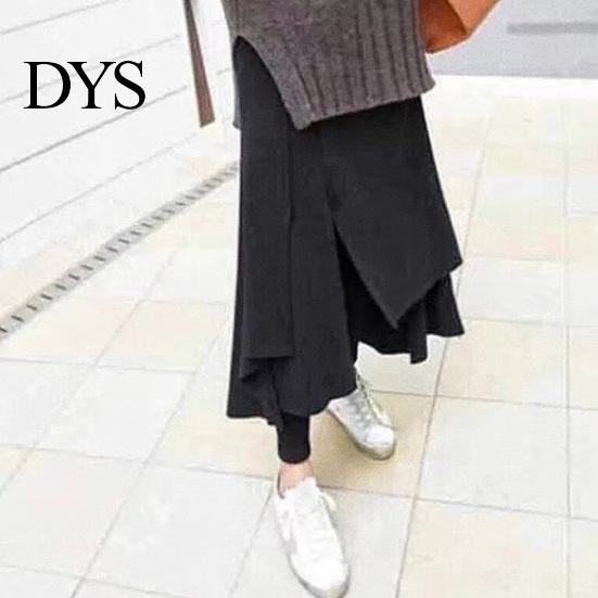Pencil Pants Skirt High-Waist Elastic Waistband Irregular Split Hem Thickened Leggings Women Fake Two Piece Fleece Lining Maxi Skort