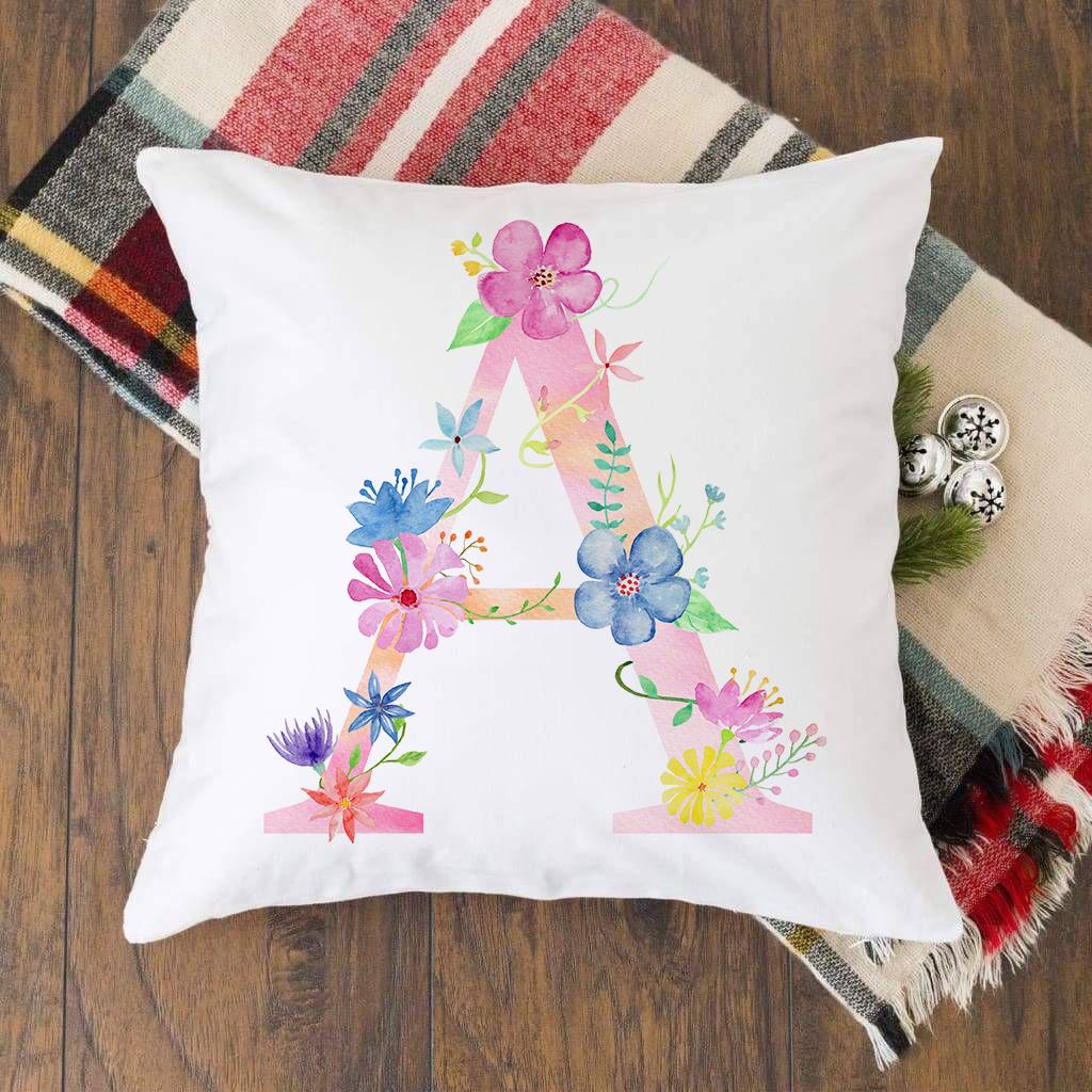 Наволочка для подушки с розовым алфавитом и цветочным принтом, наволочка с английскими буквами AZ, декоративная наволочка для дивана, спинки кровати, 45*45 см 450mm*450mm