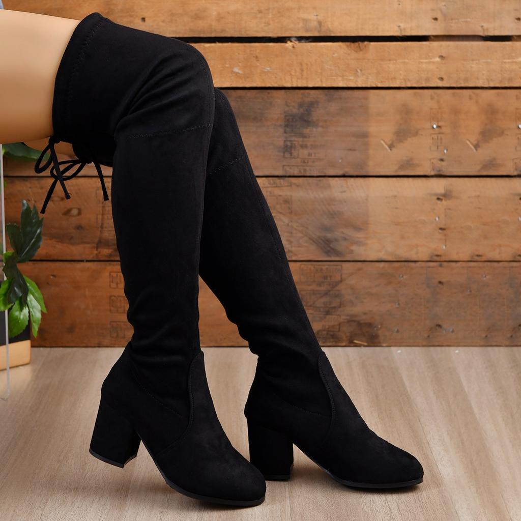 Fashion Women Boots Winter Black Over The Knee Boots 2024 New Comfort High Heels Shoes Fashion Warm Lace Up Long Tube Square Heel Boots