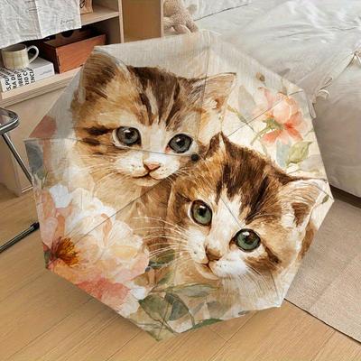 1pc Kittens and Flowers Pattern Design Umbrella,Compact Umbrella, All Season, Travel, Outdoor, One Touch Auto Open and Close,Christmas Gift