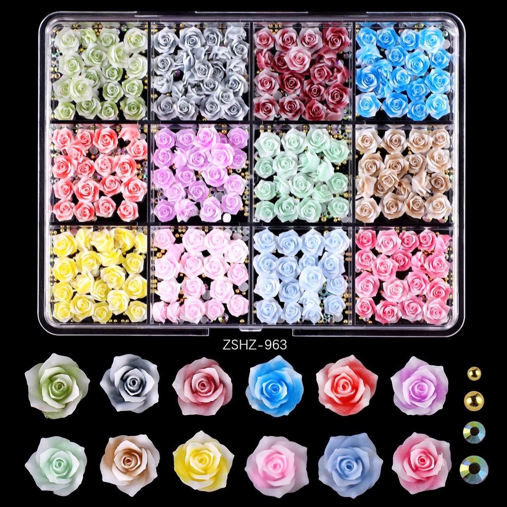 12 Grid Rose Nail Art Alloy Jewelry Resin Bow Camellia Three-Dimensional Flower Mixed Box