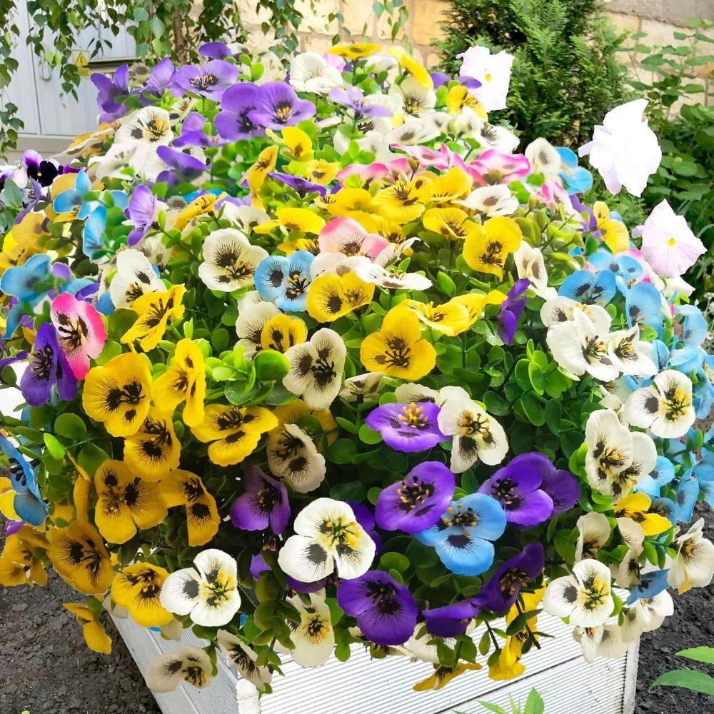 Plastic Artificial Pansy Flowers 7 Fork Reusable Fake Flowers Eucalyptus Leaves Tricolor Violet Faux Pansy Flowers Wedding Party